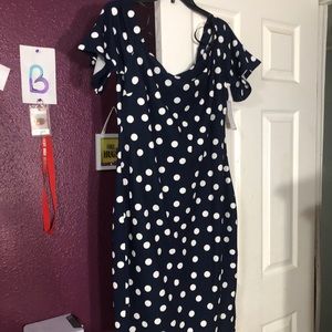 Off shoulder navy polkadot dress